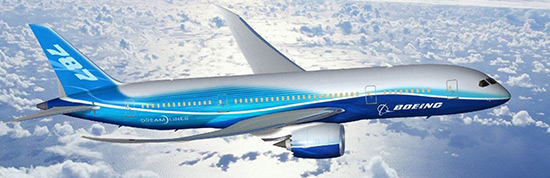 a commercial jet airliner in flight, with a prominent company logo on the fuselage. The airplane is painted in a distinctive blue and white livery, showcasing the sleek, modern design typical of current commercial aircraft. The plane is shown above the clouds, suggesting high-altitude travel, and the image is likely meant to represent the technological advancements and engineering prowess of the manufacturer. The clear skies and the aircraft?s upward angle give a sense of optimism and the spirit of exploration.