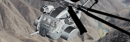 an aerial view of a rotorcraft, commonly referred to as a helicopter, in flight over a mountainous terrain. The helicopter is depicted from a dynamic angle, emphasizing its rotor blades which are in motion and the fuselage. It's a scene that could be related to various applications such as military, emergency services, or transportation, illustrating the rotorcraft's capabilities in challenging environments where traditional aircraft might not be able to operate effectively.